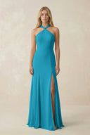 Halter Chiffon Mermaid Ruched Bridesmaid Dress in Blue Jay - KissProm Bridesmaid Dresses