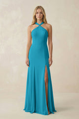 Halter Chiffon Mermaid Ruched Bridesmaid Dress in Blue Jay - KissProm Bridesmaid Dresses