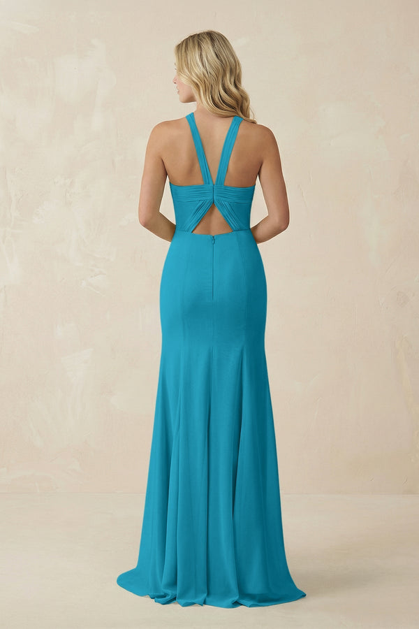 Halter Chiffon Mermaid Ruched Bridesmaid Dress in Blue Jay - KissProm Bridesmaid Dresses