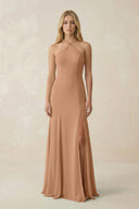 Halter Chiffon Mermaid Ruched Bridesmaid Dress in Bronzer - KissProm Bridesmaid Dresses