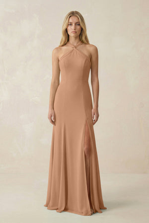 Halter Chiffon Mermaid Ruched Bridesmaid Dress in Bronzer - KissProm Bridesmaid Dresses