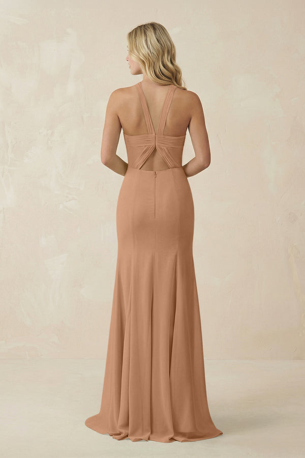 Halter Chiffon Mermaid Ruched Bridesmaid Dress in Bronzer - KissProm Bridesmaid Dresses