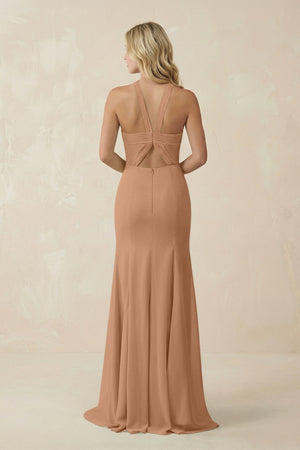 Halter Chiffon Mermaid Ruched Bridesmaid Dress in Bronzer - KissProm Bridesmaid Dresses