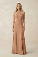 Halter Chiffon Mermaid Ruched Bridesmaid Dress in Bronzer - KissProm Bridesmaid Dresses