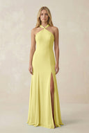 Halter Chiffon Mermaid Ruched Bridesmaid Dress in Buttercup - KissProm Bridesmaid Dresses