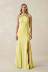 Halter Chiffon Mermaid Ruched Bridesmaid Dress in Buttercup - KissProm Bridesmaid Dresses