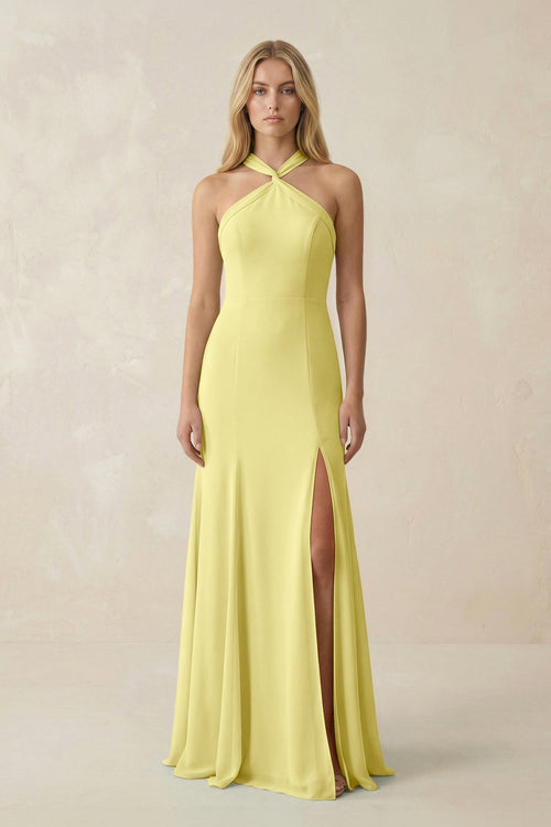 Halter Chiffon Mermaid Ruched Bridesmaid Dress in Buttercup - KissProm Bridesmaid Dresses