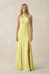 Halter Chiffon Mermaid Ruched Bridesmaid Dress in Buttercup - KissProm Bridesmaid Dresses