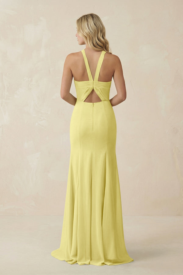 Halter Chiffon Mermaid Ruched Bridesmaid Dress in Buttercup - KissProm Bridesmaid Dresses
