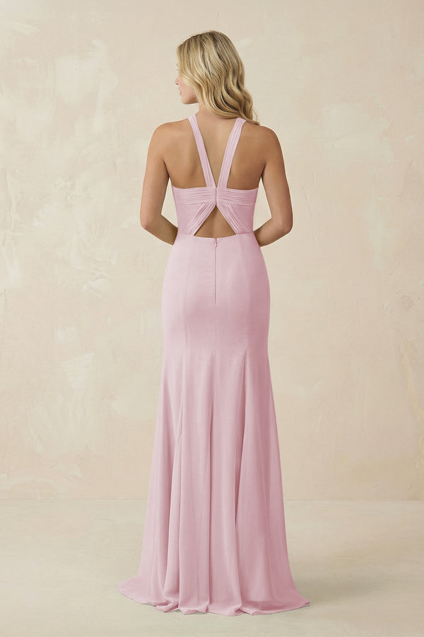 Halter Chiffon Mermaid Ruched Bridesmaid Dress in Candy Pink - KissProm Bridesmaid Dresses