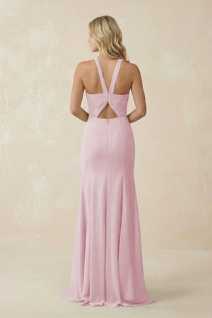 Halter Chiffon Mermaid Ruched Bridesmaid Dress in Candy Pink - KissProm Bridesmaid Dresses
