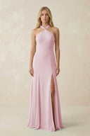 Halter Chiffon Mermaid Ruched Bridesmaid Dress in Candy Pink - KissProm Bridesmaid Dresses