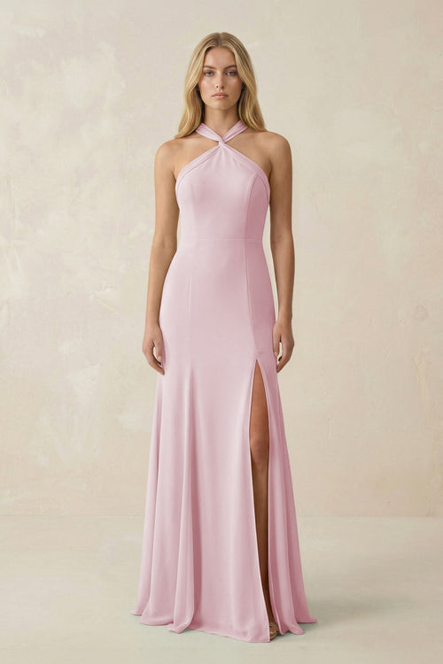 Halter Chiffon Mermaid Ruched Bridesmaid Dress in Candy Pink - KissProm Bridesmaid Dresses