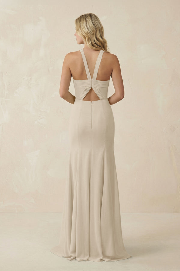 Halter Chiffon Mermaid Ruched Bridesmaid Dress in Champagne - KissProm Bridesmaid Dresses