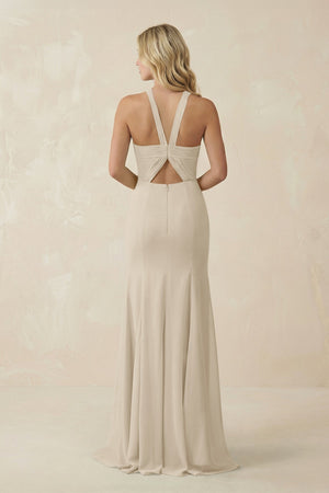 Halter Chiffon Mermaid Ruched Bridesmaid Dress in Champagne - KissProm Bridesmaid Dresses