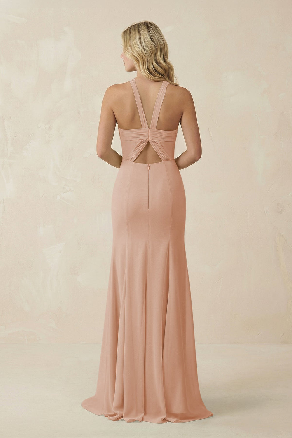 Halter Chiffon Mermaid Ruched Bridesmaid Dress in Champagne Rose - KissProm Bridesmaid Dresses