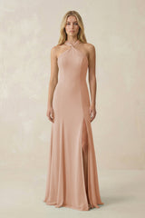 Halter Chiffon Mermaid Ruched Bridesmaid Dress in Champagne Rose - KissProm Bridesmaid Dresses