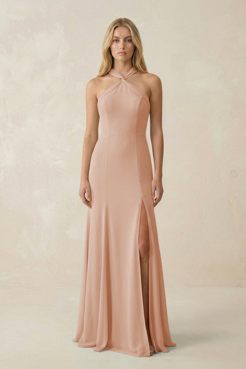 Halter Chiffon Mermaid Ruched Bridesmaid Dress in Champagne Rose - KissProm Bridesmaid Dresses