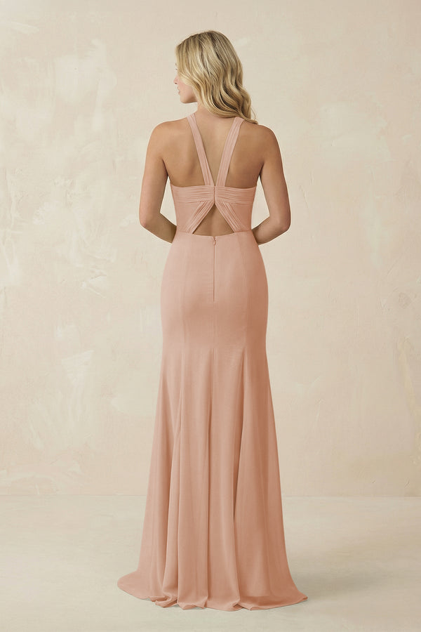Halter Chiffon Mermaid Ruched Bridesmaid Dress in Champagne Rose - KissProm Bridesmaid Dresses
