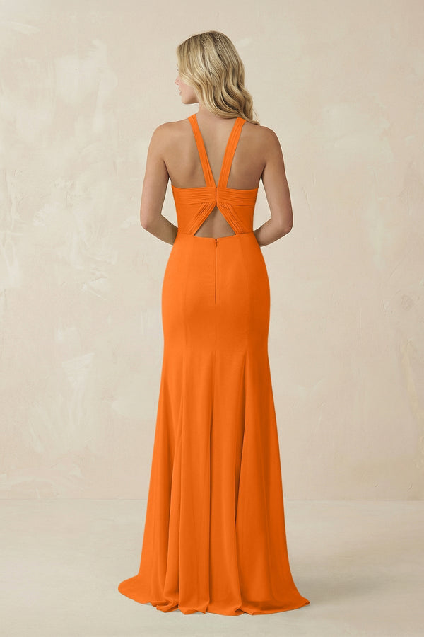 Halter Chiffon Mermaid Ruched Bridesmaid Dress in Cinnamon - KissProm Bridesmaid Dresses