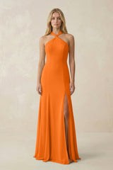 Halter Chiffon Mermaid Ruched Bridesmaid Dress in Cinnamon - KissProm Bridesmaid Dresses