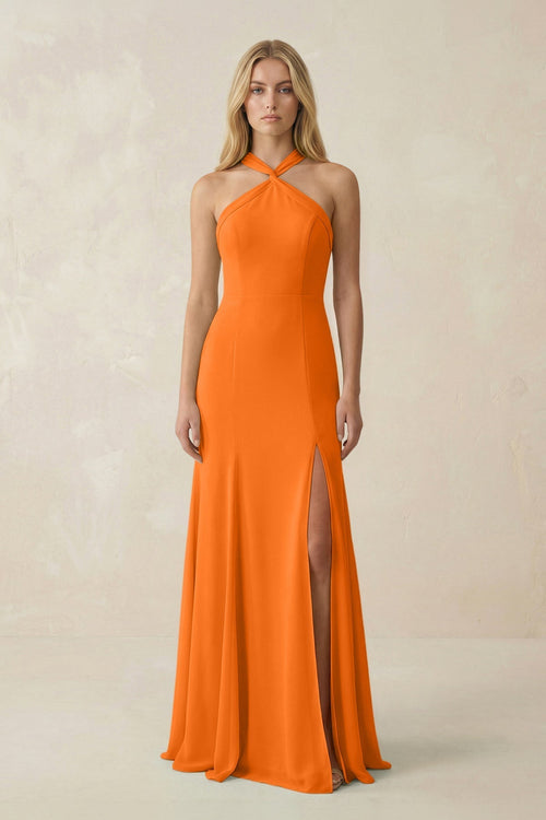 Halter Chiffon Mermaid Ruched Bridesmaid Dress in Cinnamon - KissProm Bridesmaid Dresses