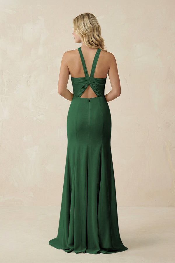Halter Chiffon Mermaid Ruched Bridesmaid Dress in Dark Green - KissProm Bridesmaid Dresses
