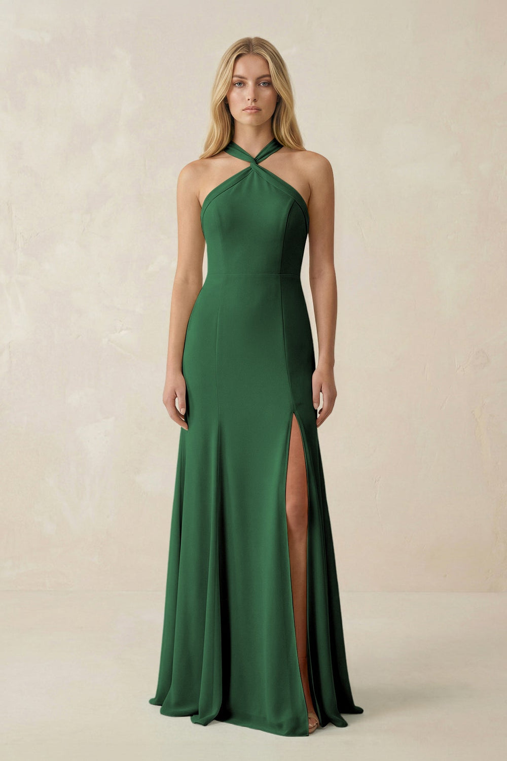 Halter Chiffon Mermaid Ruched Bridesmaid Dress in Dark Green - KissProm Bridesmaid Dresses