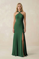 Halter Chiffon Mermaid Ruched Bridesmaid Dress in Dark Green - KissProm Bridesmaid Dresses