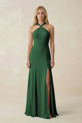 Halter Chiffon Mermaid Ruched Bridesmaid Dress in Dark Green - KissProm Bridesmaid Dresses