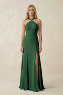 Halter Chiffon Mermaid Ruched Bridesmaid Dress in Dark Green - KissProm Bridesmaid Dresses