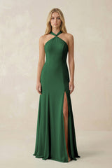 Halter Chiffon Mermaid Ruched Bridesmaid Dress in Dark Green - KissProm Bridesmaid Dresses