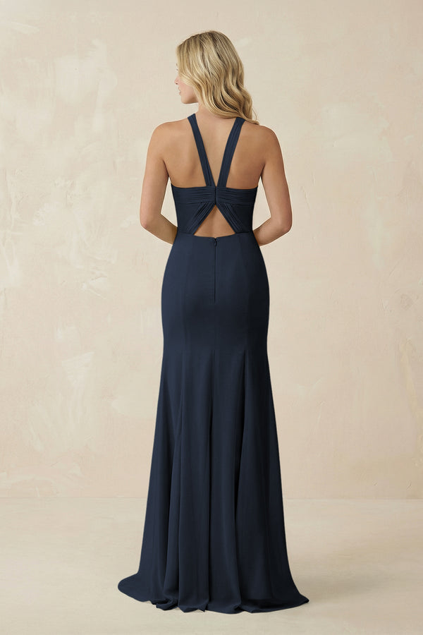 Halter Chiffon Mermaid Ruched Bridesmaid Dress in Dark Navy - KissProm Bridesmaid Dresses
