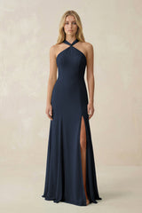 Halter Chiffon Mermaid Ruched Bridesmaid Dress in Dark Navy - KissProm Bridesmaid Dresses