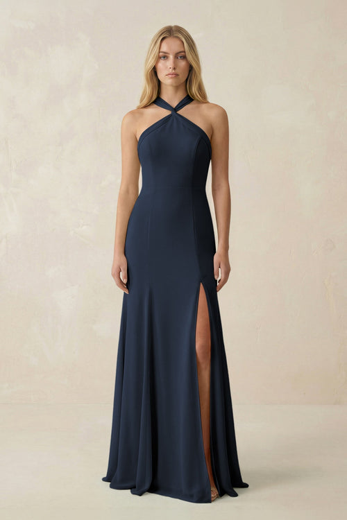 Halter Chiffon Mermaid Ruched Bridesmaid Dress in Dark Navy - KissProm Bridesmaid Dresses