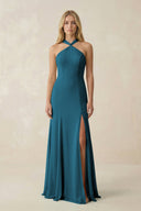 Halter Chiffon Mermaid Ruched Bridesmaid Dress in Dark Teal - KissProm Bridesmaid Dresses