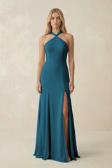 Halter Chiffon Mermaid Ruched Bridesmaid Dress in Dark Teal - KissProm Bridesmaid Dresses