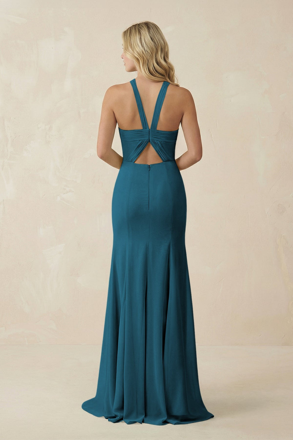 Halter Chiffon Mermaid Ruched Bridesmaid Dress in Dark Teal - KissProm Bridesmaid Dresses