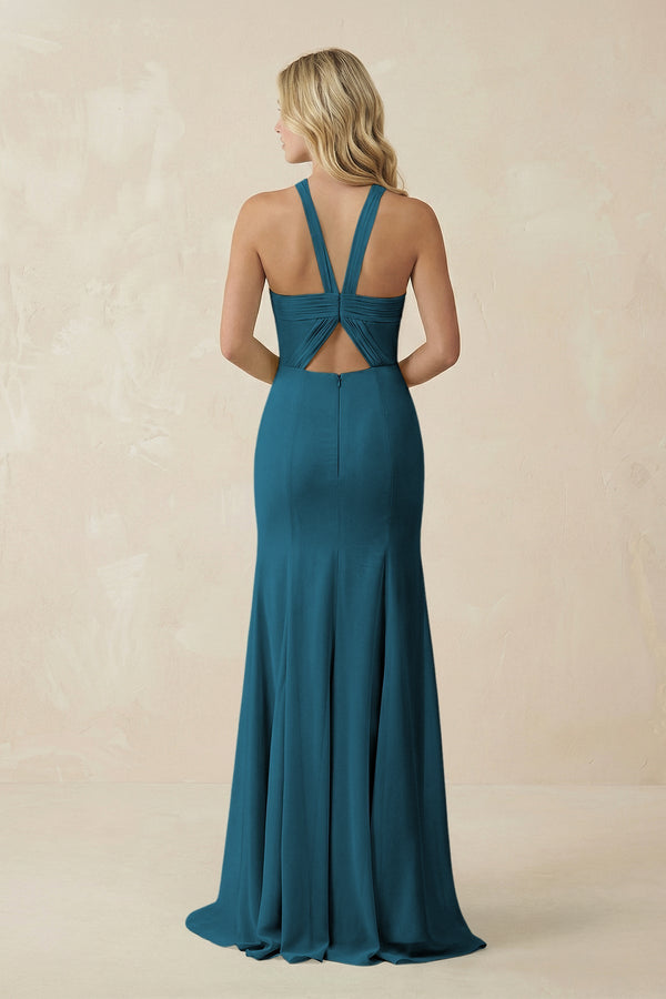 Halter Chiffon Mermaid Ruched Bridesmaid Dress in Dark Teal - KissProm Bridesmaid Dresses