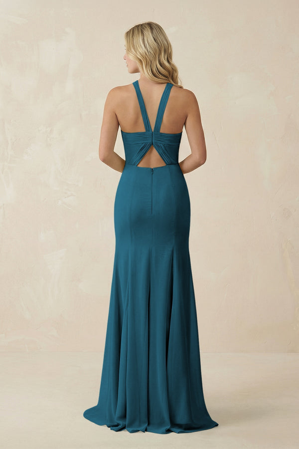 Halter Chiffon Mermaid Ruched Bridesmaid Dress in Dark Teal - KissProm Bridesmaid Dresses