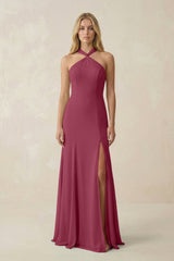 Halter Chiffon Mermaid Ruched Bridesmaid Dress in Desert Rose - KissProm Bridesmaid Dresses