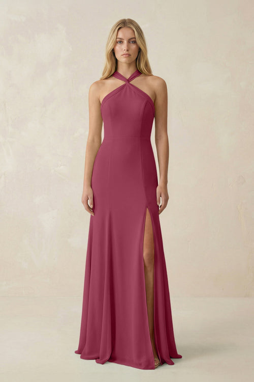 Halter Chiffon Mermaid Ruched Bridesmaid Dress in Desert Rose - KissProm Bridesmaid Dresses