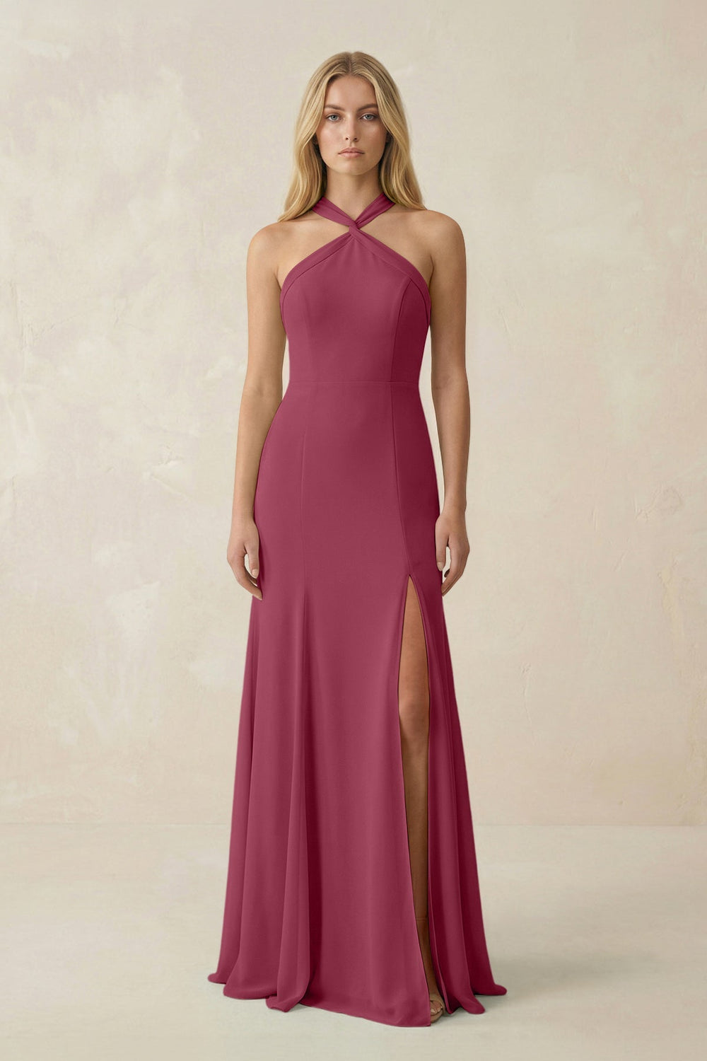 Halter Chiffon Mermaid Ruched Bridesmaid Dress in Desert Rose - KissProm Bridesmaid Dresses
