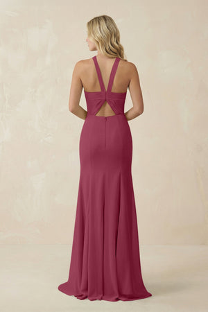 Halter Chiffon Mermaid Ruched Bridesmaid Dress in Desert Rose - KissProm Bridesmaid Dresses