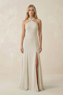 Halter Chiffon Mermaid Ruched Bridesmaid Dress in Dove Gray - KissProm Bridesmaid Dresses