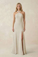 Halter Chiffon Mermaid Ruched Bridesmaid Dress in Dove Gray - KissProm Bridesmaid Dresses
