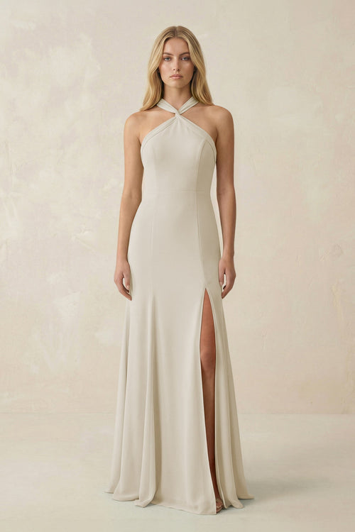 Halter Chiffon Mermaid Ruched Bridesmaid Dress in Dove Gray - KissProm Bridesmaid Dresses