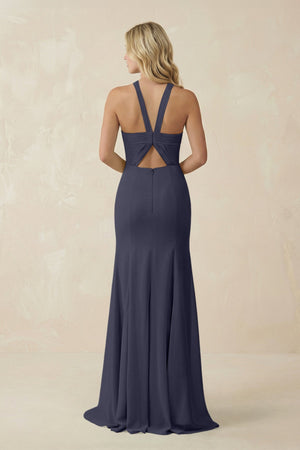 Halter Chiffon Mermaid Ruched Bridesmaid Dress in Dusk Blue - KissProm Bridesmaid Dresses