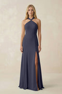 Halter Chiffon Mermaid Ruched Bridesmaid Dress in Dusk Blue - KissProm Bridesmaid Dresses