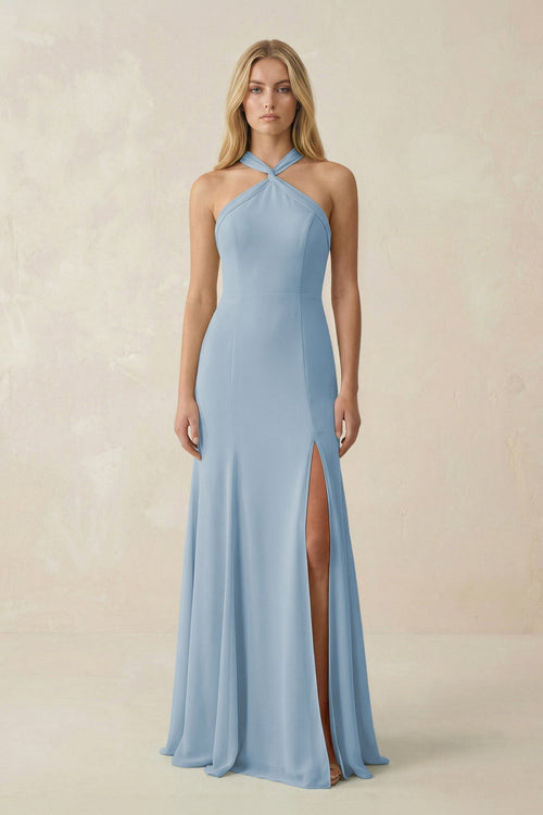 Halter Chiffon Mermaid Ruched Bridesmaid Dress in Dusty Blue - KissProm Bridesmaid Dresses